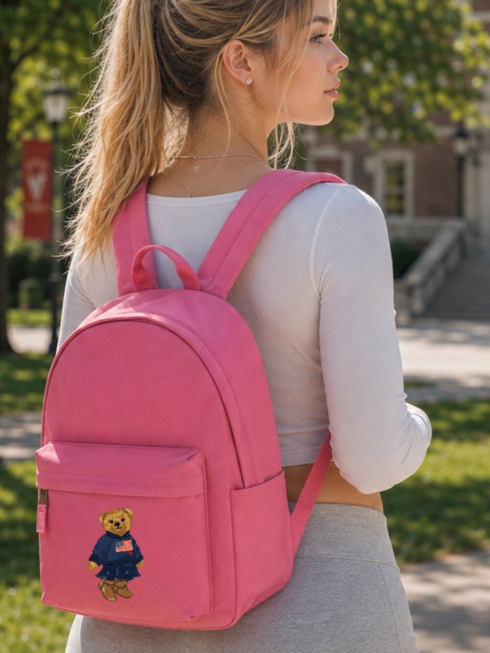 Polo Ralph Lauren Girls Polo Bear Canvas Backpack Baja Pink Full Size Bag New